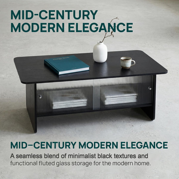 English Elm 47"rectangular Coffee Table Fluted Glass Sliding Doors Retro Wood Grain Living Room Storage Black W3935P408521