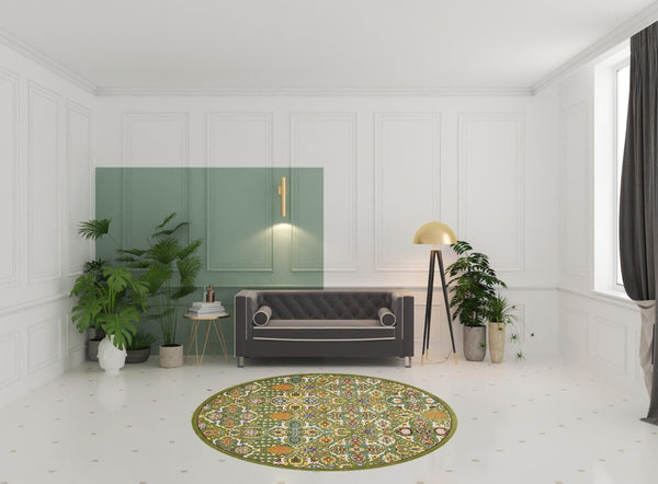 HomeRoots 7' Green Floral Power Loom Area Rug - Soft, Durable, Bohemian Design for Effortless Style & Comfort 8' Round Round 521706
