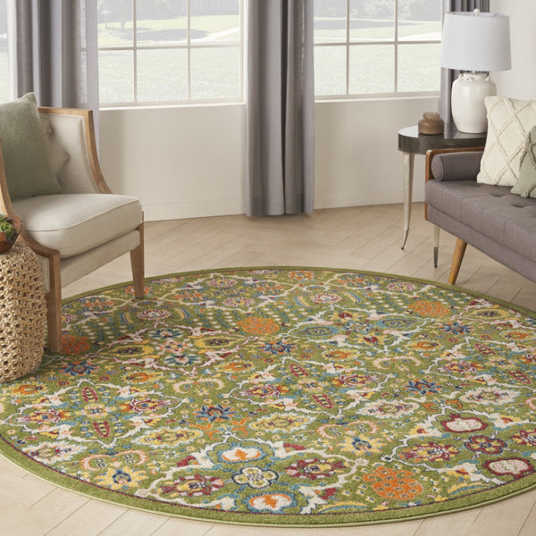 HomeRoots 7' Green Floral Power Loom Area Rug - Soft, Durable, Bohemian Design for Effortless Style & Comfort 8' Round Round 521706