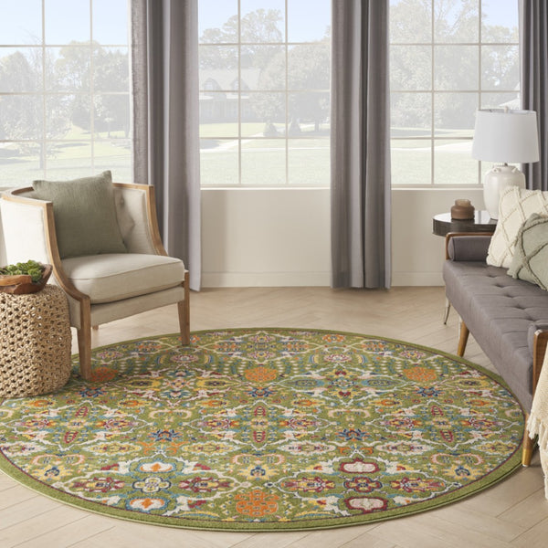 HomeRoots 7' Green Floral Power Loom Area Rug - Soft, Durable, Bohemian Design for Effortless Style & Comfort 8' Round Round 521706