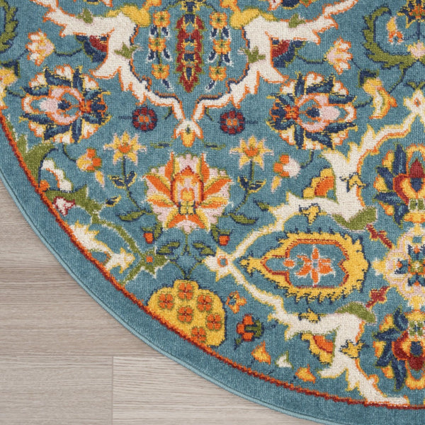 HomeRoots 9' Teal and Gold Floral Power Loom Area Rug - Vibrant, Low-Profile Design Perfect for Any Room 8' Round Round 521707