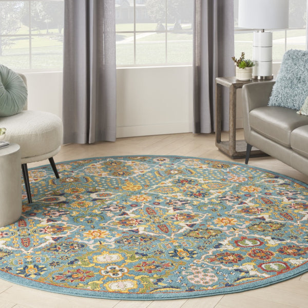 HomeRoots 9' Teal and Gold Floral Power Loom Area Rug - Vibrant, Low-Profile Design Perfect for Any Room 8' Round Round 521707