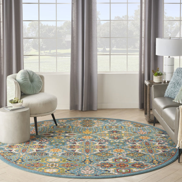 HomeRoots 9' Teal and Gold Floral Power Loom Area Rug - Vibrant, Low-Profile Design Perfect for Any Room 8' Round Round 521707