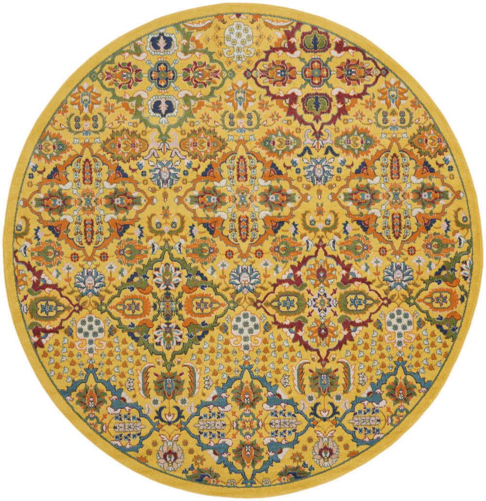 Homeroots 8' Yellow Round Floral Power Loom Area Rug  Polypropylene 521708