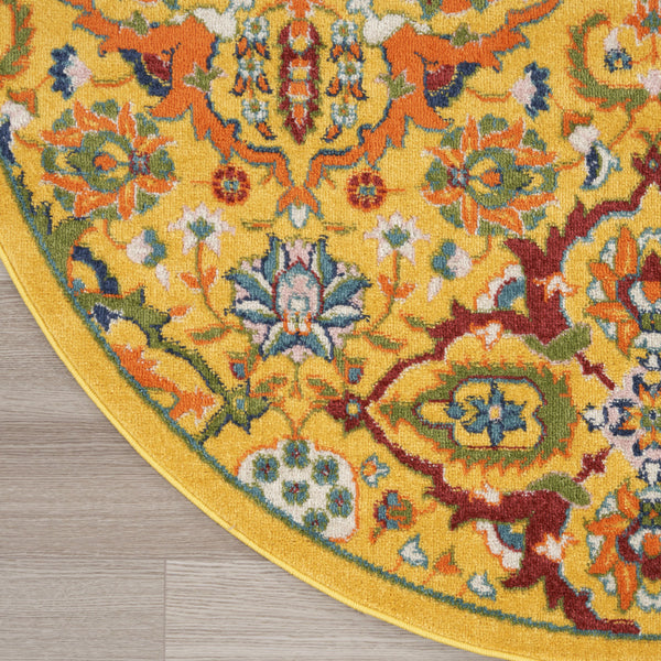 Homeroots 8' Yellow Round Floral Power Loom Area Rug  Polypropylene 521708