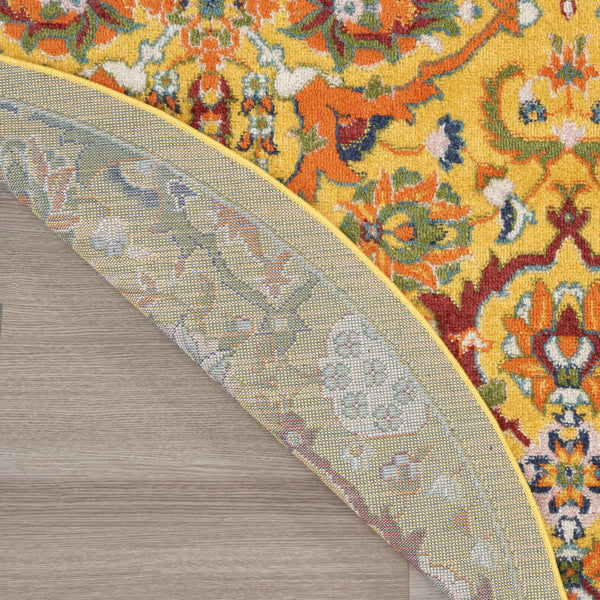 Homeroots 8' Yellow Round Floral Power Loom Area Rug  Polypropylene 521708
