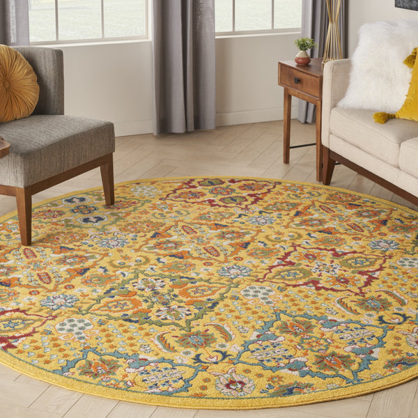 Homeroots 8' Yellow Round Floral Power Loom Area Rug  Polypropylene 521708