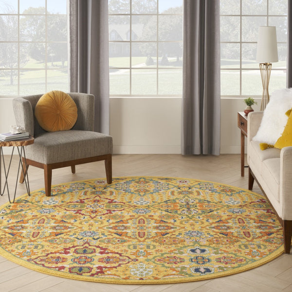 HomeRoots 8' Yellow Floral Area Rug - Elegant Power Loom Design for Living Room, Bedroom & Dining Decor 8' Round Round 521708