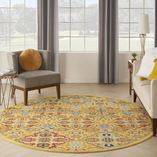 Homeroots 8' Yellow Round Floral Power Loom Area Rug  Polypropylene 521708