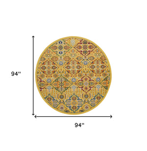 Homeroots 8' Yellow Round Floral Power Loom Area Rug  Polypropylene 521708