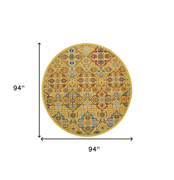 Homeroots 8' Yellow Round Floral Power Loom Area Rug  Polypropylene 521708