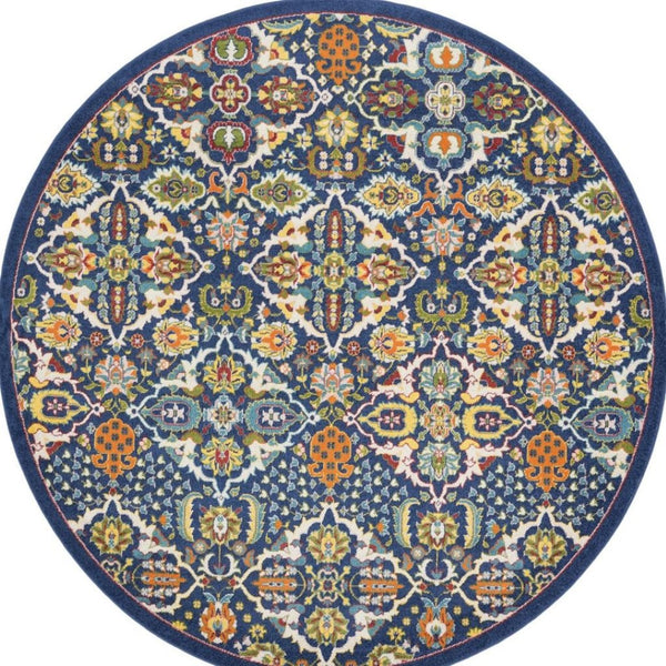HomeRoots 6' Blue Floral Power Loom Area Rug - Timeless Charm, Soft Comfort, and Easy-Care Durability for Any Room 8' Round Round 521709