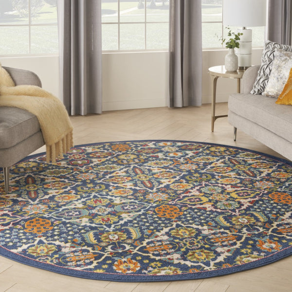 HomeRoots 6' Blue Floral Power Loom Area Rug - Timeless Charm, Soft Comfort, and Easy-Care Durability for Any Room 8' Round Round 521709