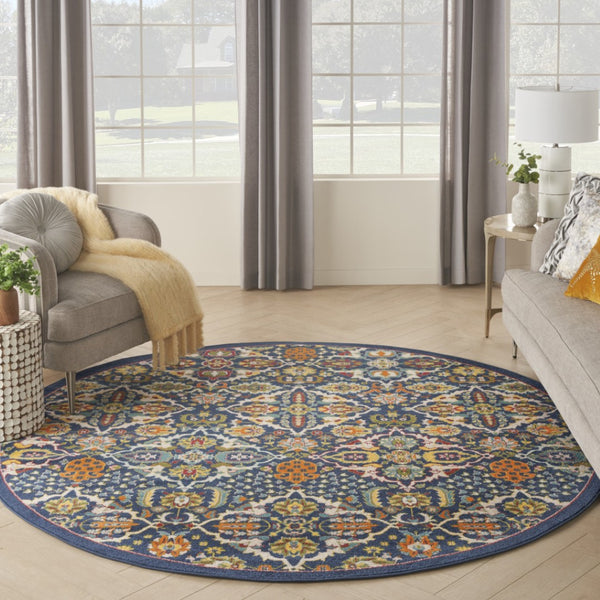 HomeRoots 6' Blue Floral Power Loom Area Rug - Timeless Charm, Soft Comfort, and Easy-Care Durability for Any Room 8' Round Round 521709