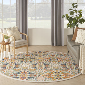 HomeRoots 7' Ivory Floral Power Loom Area Rug - Elegant Bohemian Style for Living Rooms & Bedrooms 8' Round Round 521710