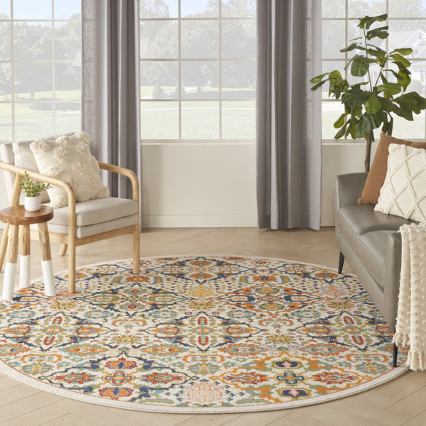 HomeRoots 7' Ivory Floral Power Loom Area Rug - Elegant Bohemian Style for Living Rooms & Bedrooms 8' Round Round 521710