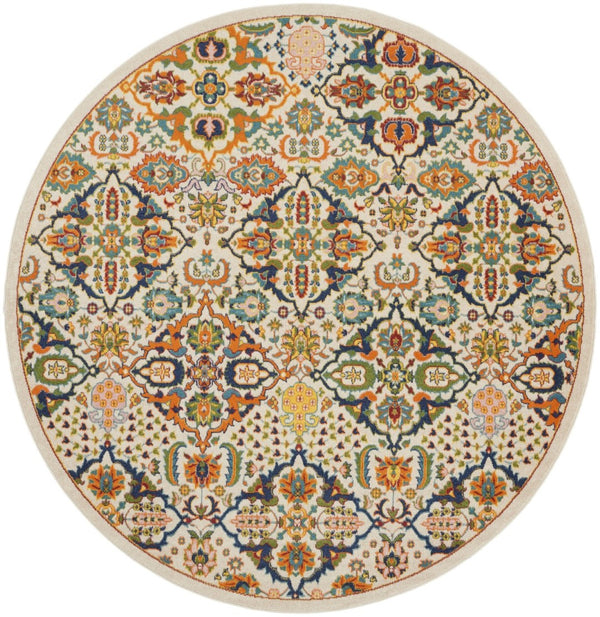 HomeRoots 7' Ivory Floral Power Loom Area Rug - Elegant Bohemian Style for Living Rooms & Bedrooms 8' Round Round 521710