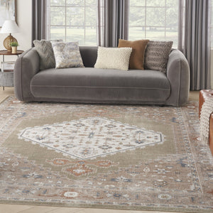 HomeRoots 9' Khaki Oriental Power Loom Area Rug - Distressed Vintage Design, Washable, Perfect for Any Space 9' X 12' 521711