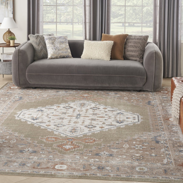 HomeRoots 9' Khaki Oriental Power Loom Area Rug - Distressed Vintage Design, Washable, Perfect for Any Space 9' X 12' 521711