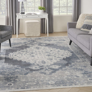 HomeRoots 9' X 12' Elegant Oriental Distressed Area Rug for Timeless Style, Durability, and Easy Maintenance Blue, Ivory 521715