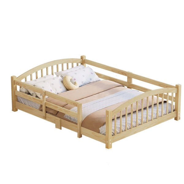English Elm Full Montessori Pine Wood Floor Bed with Safety Rails Low Profile Kids Room Frame Natural N733P400299N