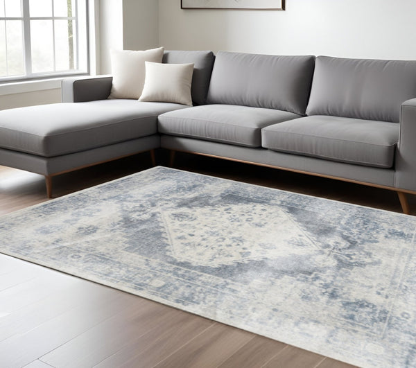 HomeRoots 8' X 10' Elegant Blue & Ivory Floral Medallion Area Rug – Distressed, Washable, Durable Design! 521724