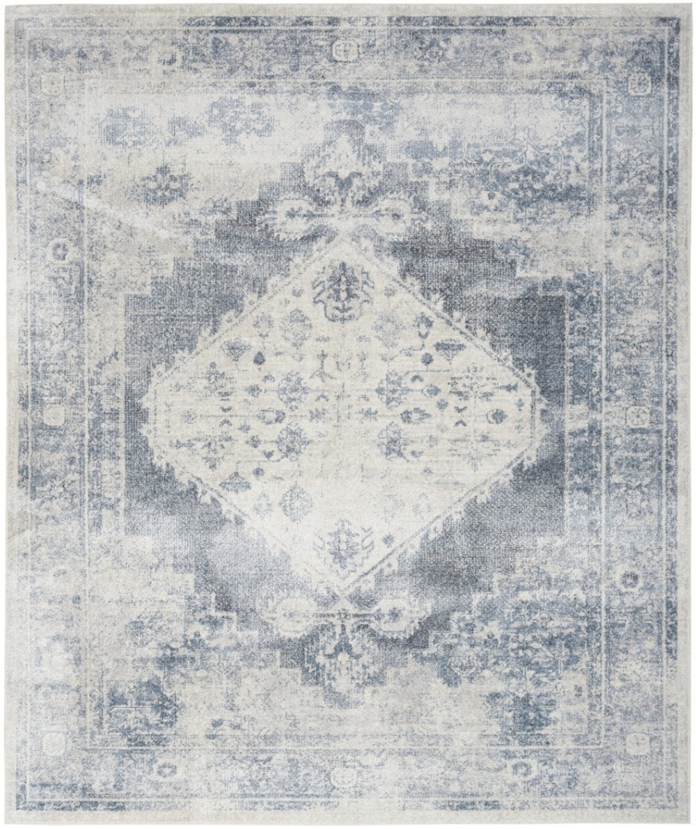HomeRoots 8' X 10' Elegant Blue & Ivory Floral Medallion Area Rug – Distressed, Washable, Durable Design! 521724
