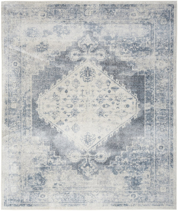 HomeRoots 8' X 10' Elegant Blue & Ivory Floral Medallion Area Rug – Distressed, Washable, Durable Design! 521724