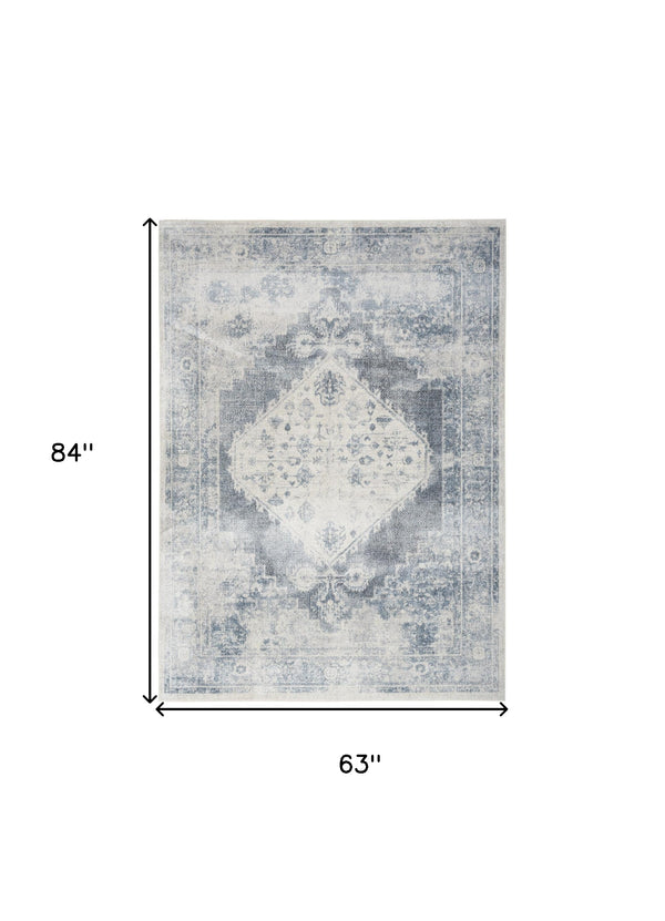 Homeroots 5' X 7' Blue Oriental Power Loom Distressed Washable Area Rug  Polyester 521728