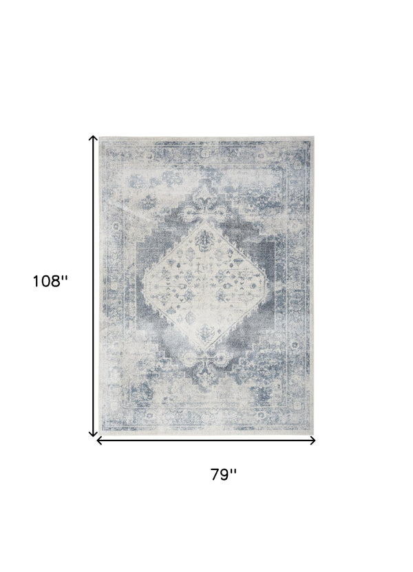 Homeroots 7' X 9' Blue Oriental Power Loom Distressed Washable Area Rug  Polyester 521729