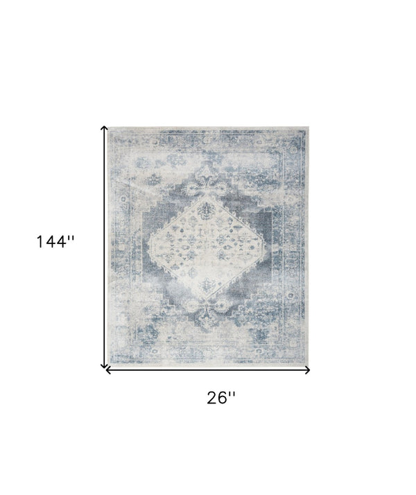 Homeroots 12' Blue Oriental Power Loom Distressed Washable Runner Rug - Elegant Home Decor For Cozy Spaces  Polyester 521730