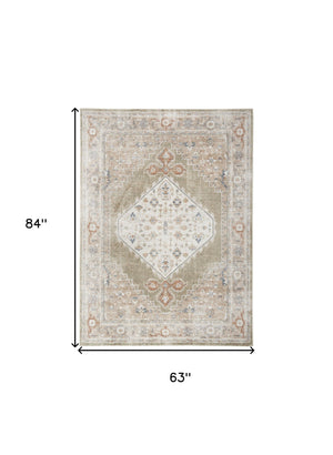 Homeroots 5' X 7' Sage Oriental Power Loom Distressed Washable Area Rug  Polyester 521732