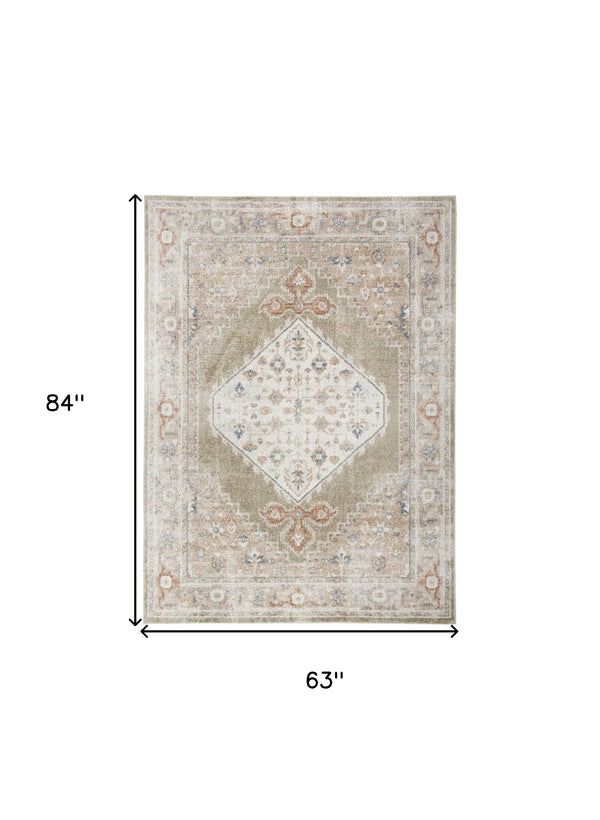Homeroots 5' X 7' Sage Oriental Power Loom Distressed Washable Area Rug  Polyester 521732