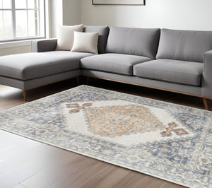 HomeRoots 9' Gray and Gold Floral Medallion Area Rug - Distressed, Washable, Stain-Resistant for Family Spaces 8' X 10' 521740