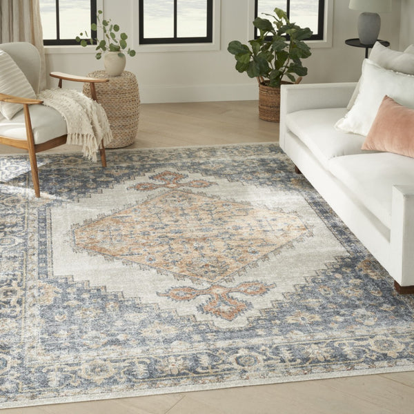 HomeRoots 9' Gray and Gold Floral Medallion Area Rug - Distressed, Washable, Stain-Resistant for Family Spaces 8' X 10' 521740