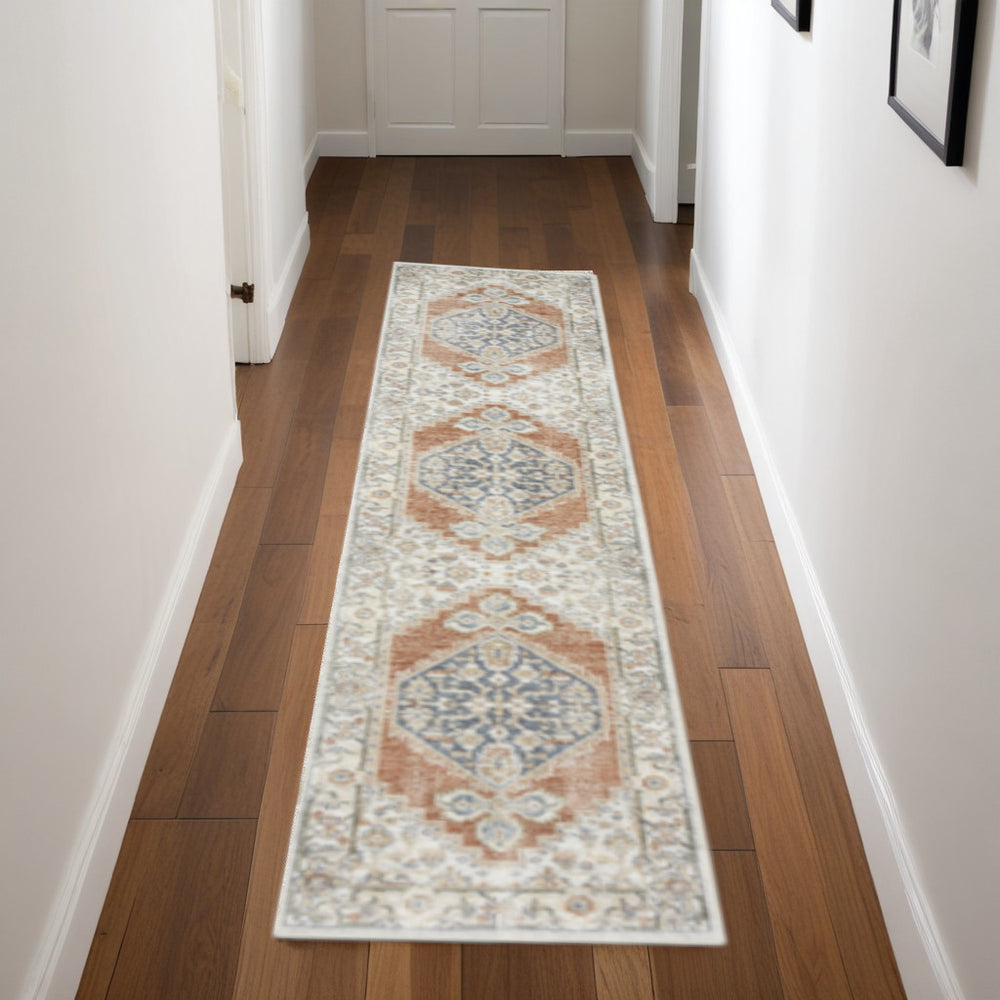 Homeroots 8' Runner Gray And Ivory Oriental Power Loom Distressed Washable Runner Rug  Polyester 521750