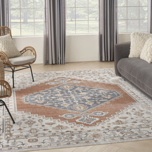 HomeRoots 8' Elegant Floral Medallion Distressed Area Rug in Gray, Orange & Ivory - Washable & Durable Design 8' X 10' 521751