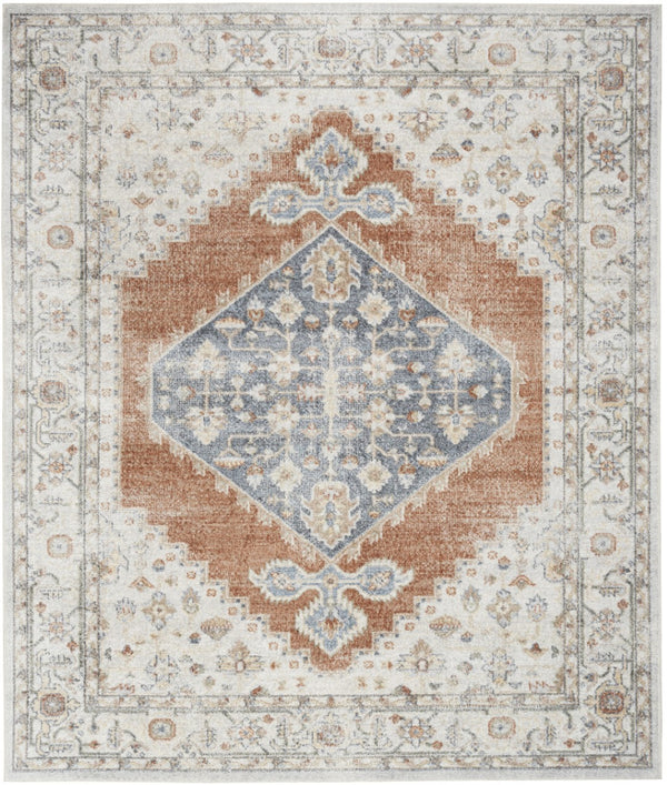 HomeRoots 8' Elegant Floral Medallion Distressed Area Rug in Gray, Orange & Ivory - Washable & Durable Design 8' X 10' 521751