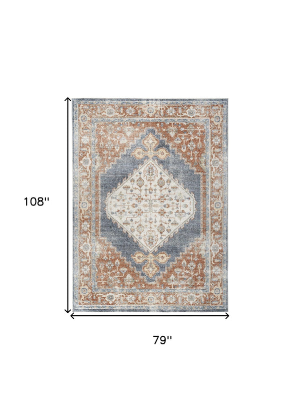 Homeroots 7' X 9' Denim Blue Oriental Power Loom Distressed Washable Area Rug  Polyester 521755