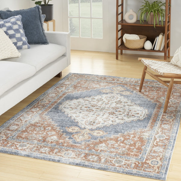 HomeRoots 7' Denim Blue Oriental Area Rug – Distressed Vintage Design, Washable, Low-Pile for Easy Care 7' X 9' 521755
