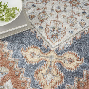HomeRoots 7' Denim Blue Oriental Area Rug – Distressed Vintage Design, Washable, Low-Pile for Easy Care 7' X 9' 521755