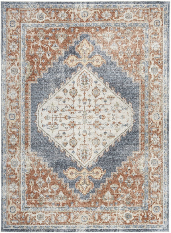 HomeRoots 7' Denim Blue Oriental Area Rug – Distressed Vintage Design, Washable, Low-Pile for Easy Care 7' X 9' 521755