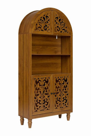 English Elm Vintage Hand-carved Solid Wood Bookcase Tall Arched Open Shelf Cabinet for Living Room W3123P485777