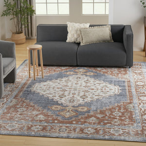 HomeRoots 7' Denim Blue Oriental Area Rug – Distressed Vintage Design, Washable, Low-Pile for Easy Care 8' X 10' 521760