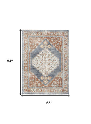 Homeroots 5' X 7' Denim Blue Oriental Power Loom Distressed Washable Area Rug  Polyester 521761