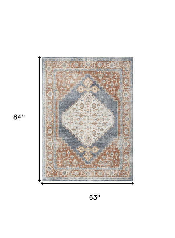 Homeroots 5' X 7' Denim Blue Oriental Power Loom Distressed Washable Area Rug  Polyester 521761
