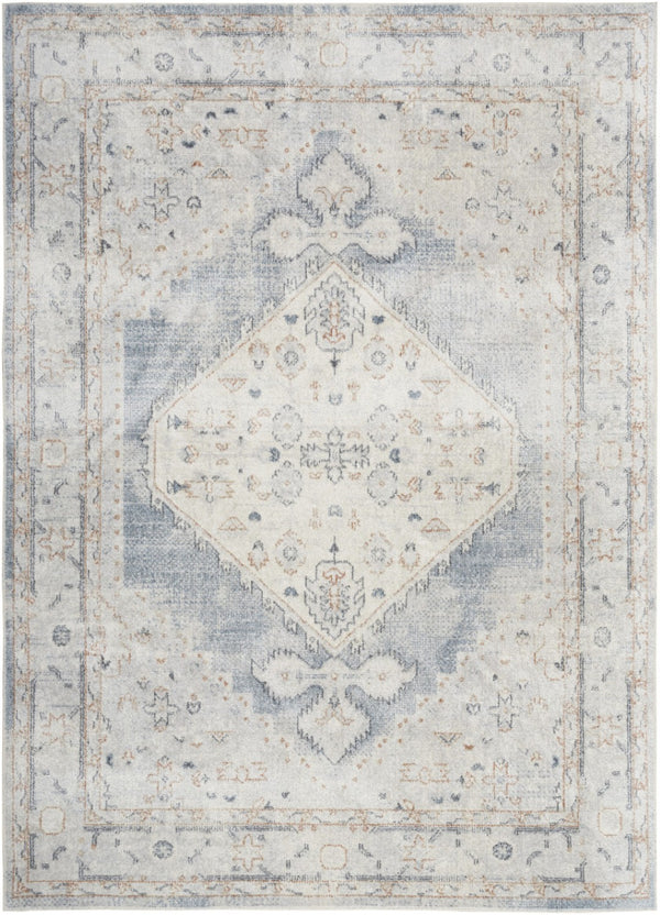 HomeRoots 7' Light Blue Oriental Power Loom Area Rug - Vintage-Inspired, Washable, Durable, Elegant Design 7' X 9' 521763