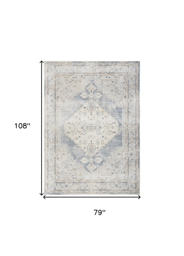 Homeroots 7' X 9' Light Blue Oriental Power Loom Distressed Washable Area Rug  Polyester 521763