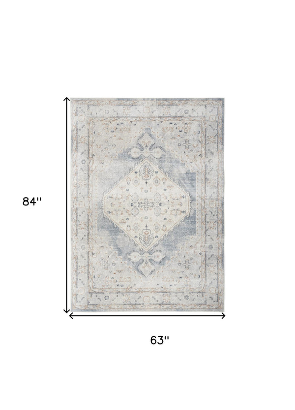 Homeroots 5' X 7' Light Blue Oriental Power Loom Distressed Washable Area Rug  Polyester 521764