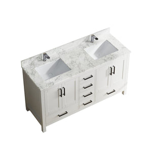 English Elm 59" Double Basin Vanity Carrara Top Solid Wood Frame Vintage Legs 6 Drawer White T3785P383045